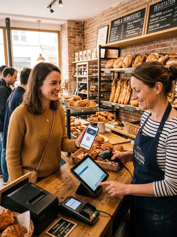 Cliente payant avec son smartphone à la boulangerie, commerçant au comptoir