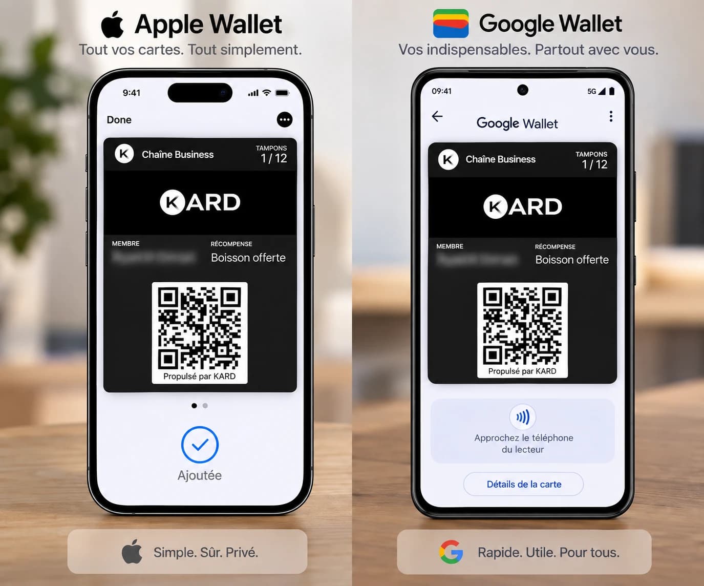 Comparaison d'une carte de fidélité KARD dans Apple Wallet, à gauche, et dans Google Wallet, à droite