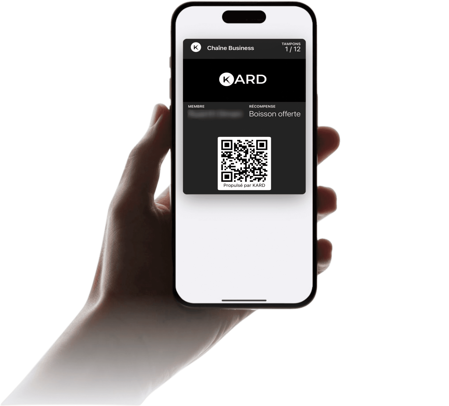 Carte KARD dans Apple Wallet, tenue dans la main